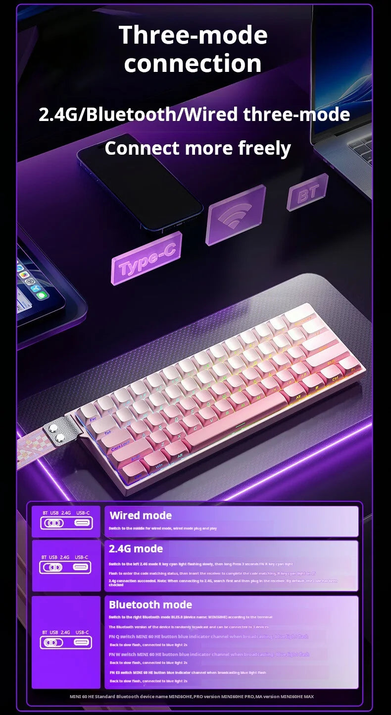 AULA MINI60 HE Tri-Mode Wireless Mechanical Keyboard Magnetic Switch 8000Hz Polling Rate RGB Backlit FPS Esports Gamer Keyboard