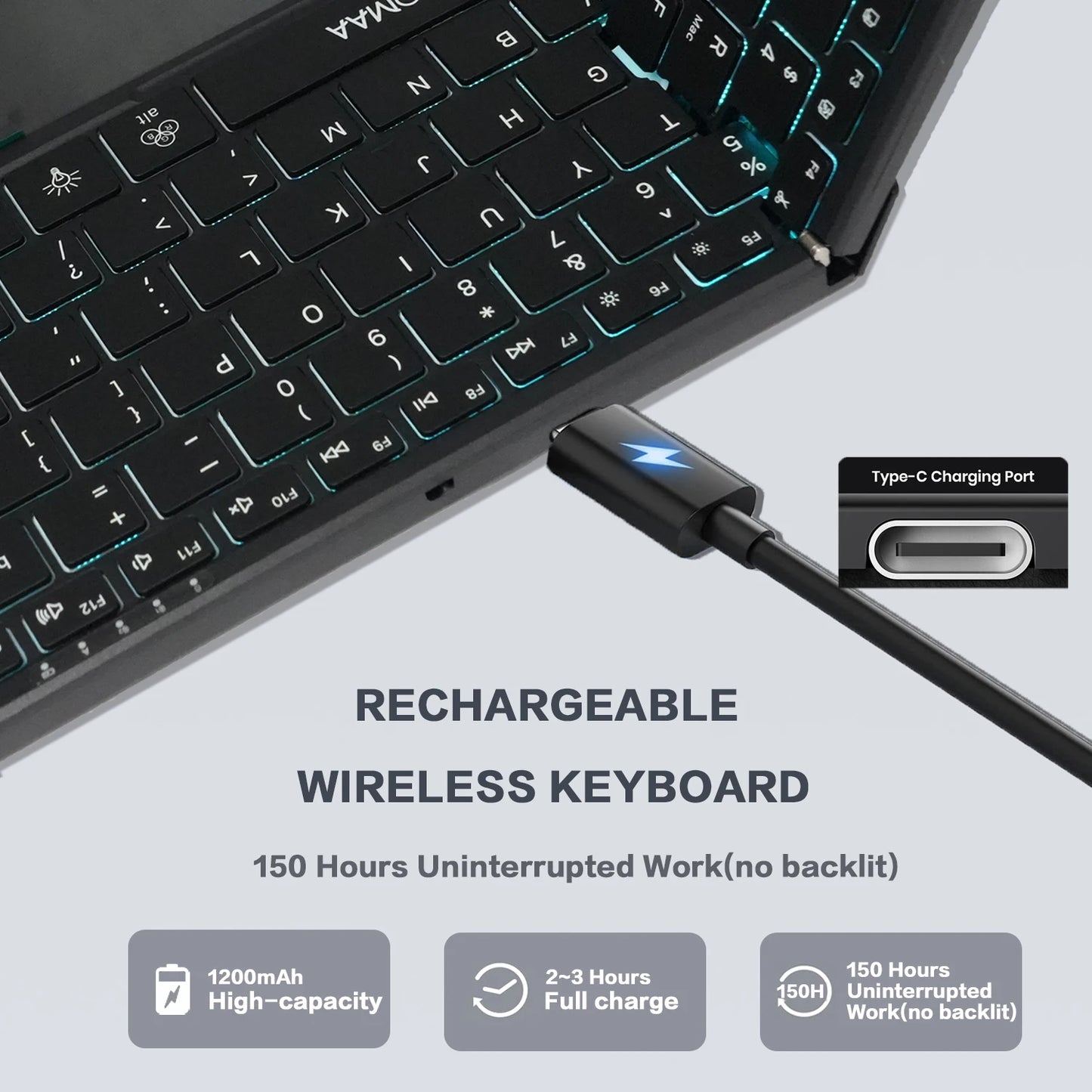 Jomaa Backlit Full Size Folding Keyboard Bluetooth+USB Wireless Keyboard with Touchpad Numeric Pad for Laptop Windows