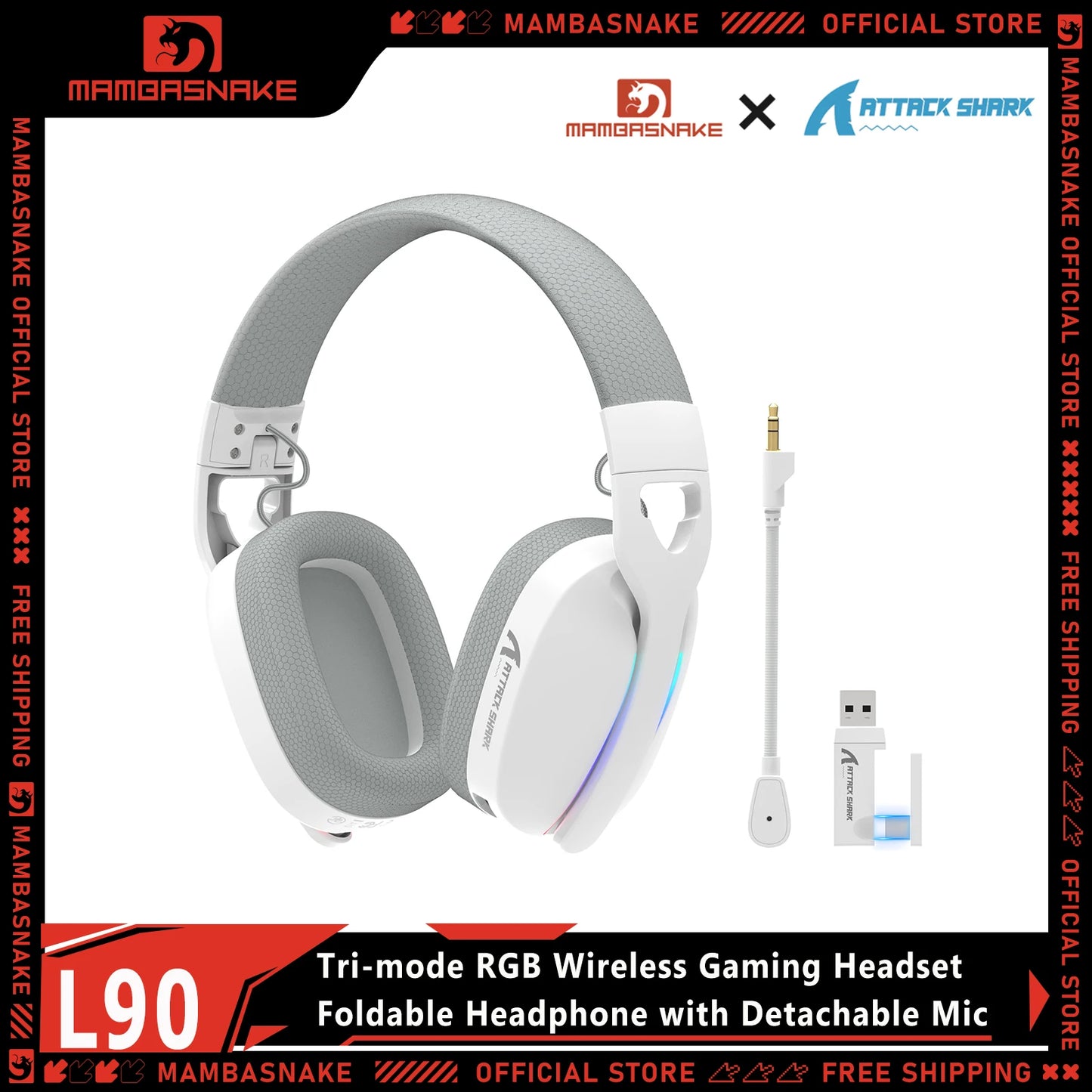 Cuffie da gaming wireless MAMBASNAKE x ATTACK SHARK L90 RGB – Cuffie da gaming pieghevoli Tri-Mode Bluetooth 2.4G wireless e cablate con microfono rimovibile