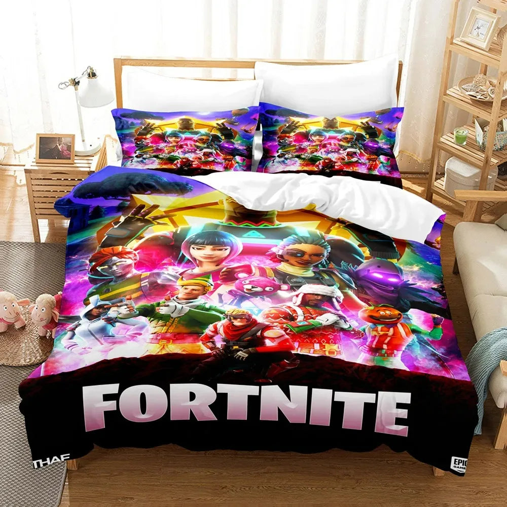 F-Fortnite 3PCS Bedding Set Battle Royale Kids Duvet Cover Quilt Pillowcase Double Size Victory Game Bedroom Linen Decoration