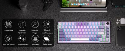 Teclado gaming mecânico MageGee SKY81 75%, RGB, gasket mount, hot-swappable, com fios, personalizável, som cremoso, amortecimento acústico e botão rotativo