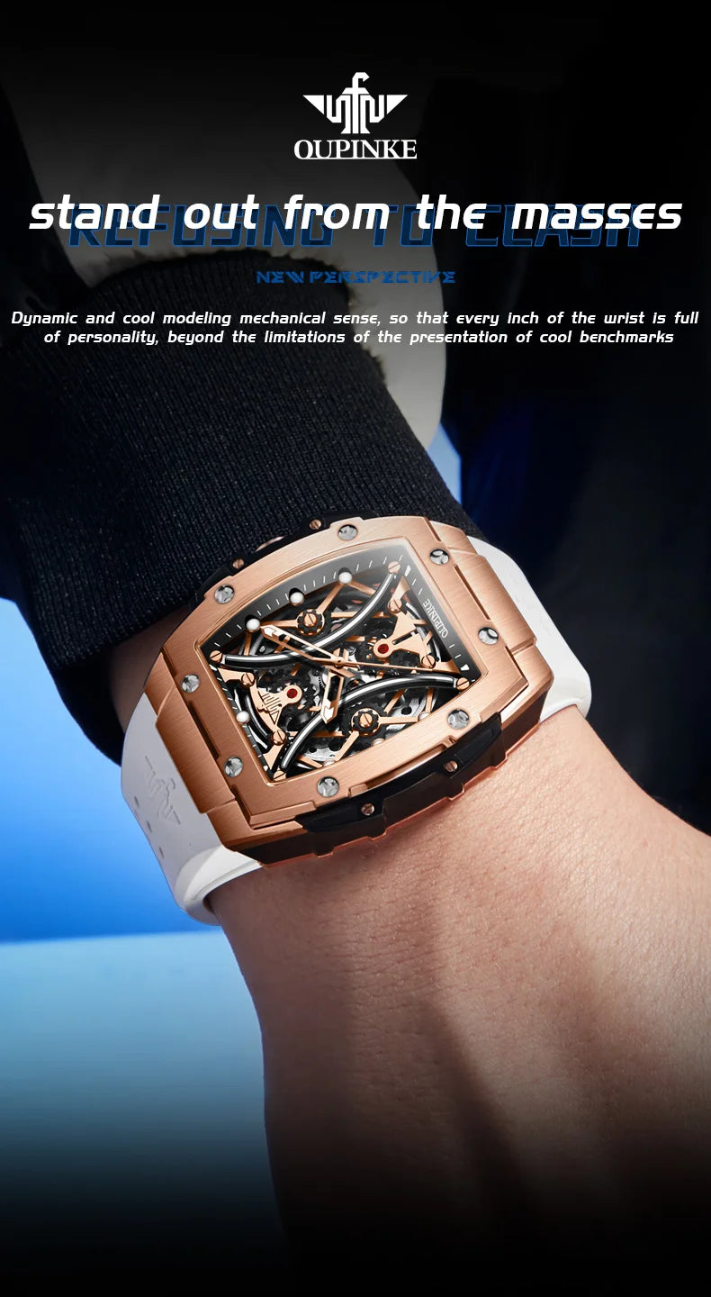 Relógio masculino OUPINKE clássico de luxo com mostrador tonneau, marca de topo, original, automático mecânico, bracelete em silicone e vidro de safira, novo