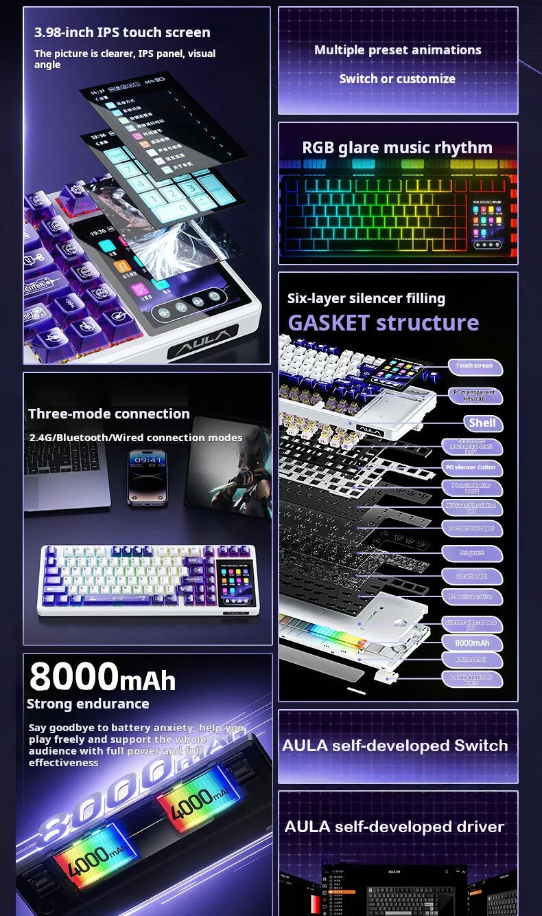 Teclado mecânico AULA L99 com ecrã inteligente, Bluetooth sem fios, tri-modo, teclado gaming noturno para portátil, 8000mAh, switch Raindrop