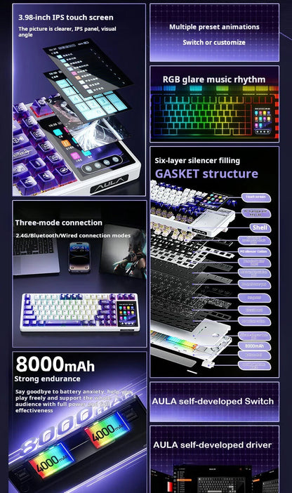 Teclado mecânico AULA L99 com ecrã inteligente, Bluetooth sem fios, tri-modo, teclado gaming noturno para portátil, 8000mAh, switch Raindrop
