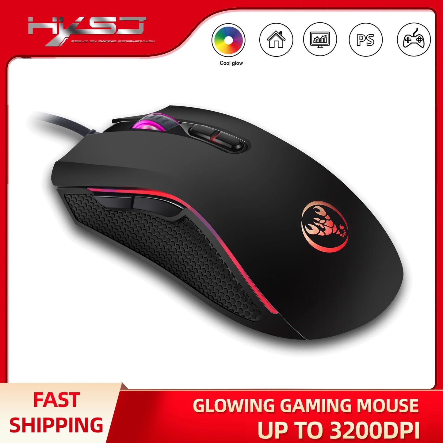 Scelta popolare HXSJ A869 mouse da gaming cablato ottico ergonomico RGB in ABS con regolazione della risoluzione a 4 livelli per laptop e PC