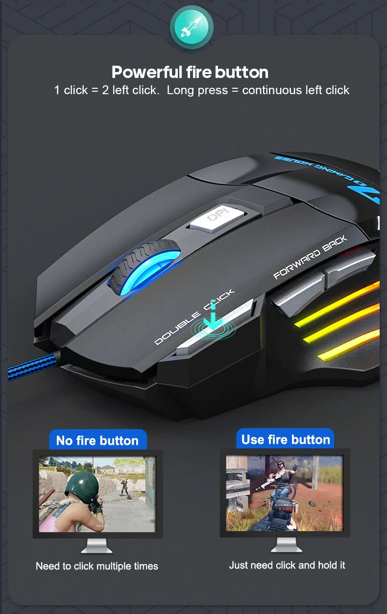 4 Keys USB Wired Gaming Mouse Generation Ergonomic Gaming Mouse 2400DPI Mouse RGB Backlit High-Precision Optical Sensor Mouse