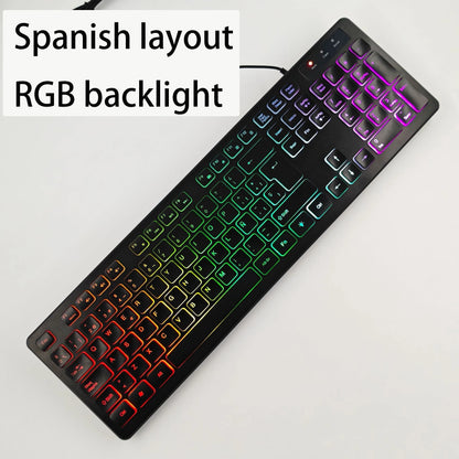 Teclado gaming de secretária com fios e retroiluminado, layout de teclado espanhol/francês (AZERTY)/russo/árabe/alemão, para computador de secretária e escritório