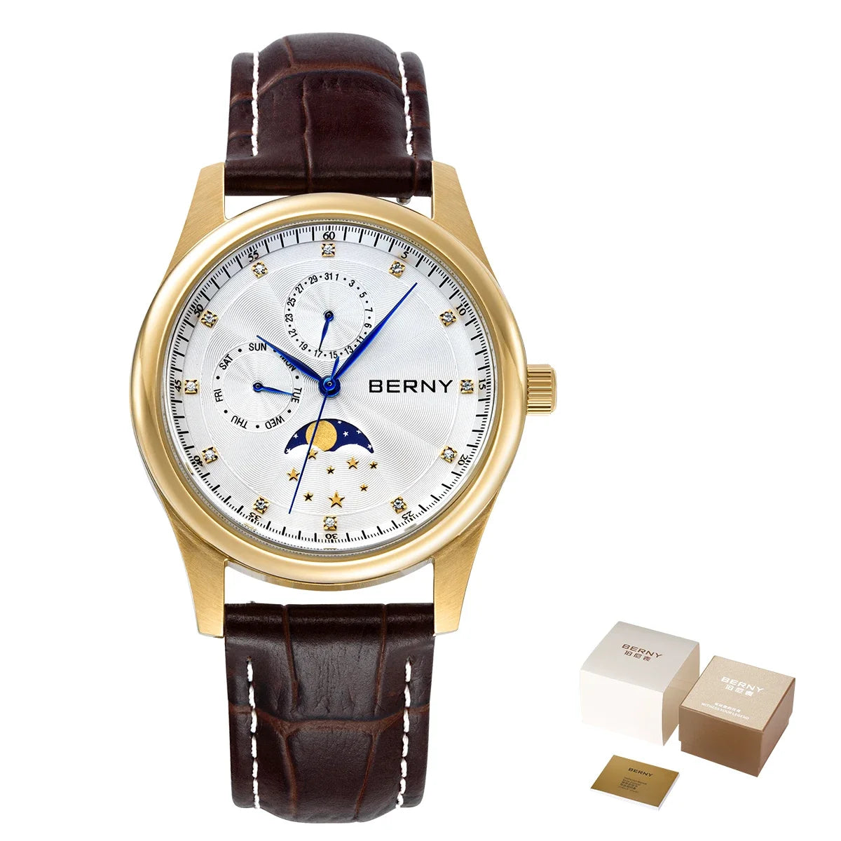 BERNY Men's Watch Date Weeks Moon Phase Quartz Watches for Men Stainless Steel Leather Strap Business Wristwatch Male Clock