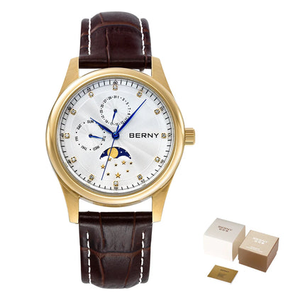 BERNY Men's Watch Date Weeks Moon Phase Quartz Watches for Men Stainless Steel Leather Strap Business Wristwatch Male Clock