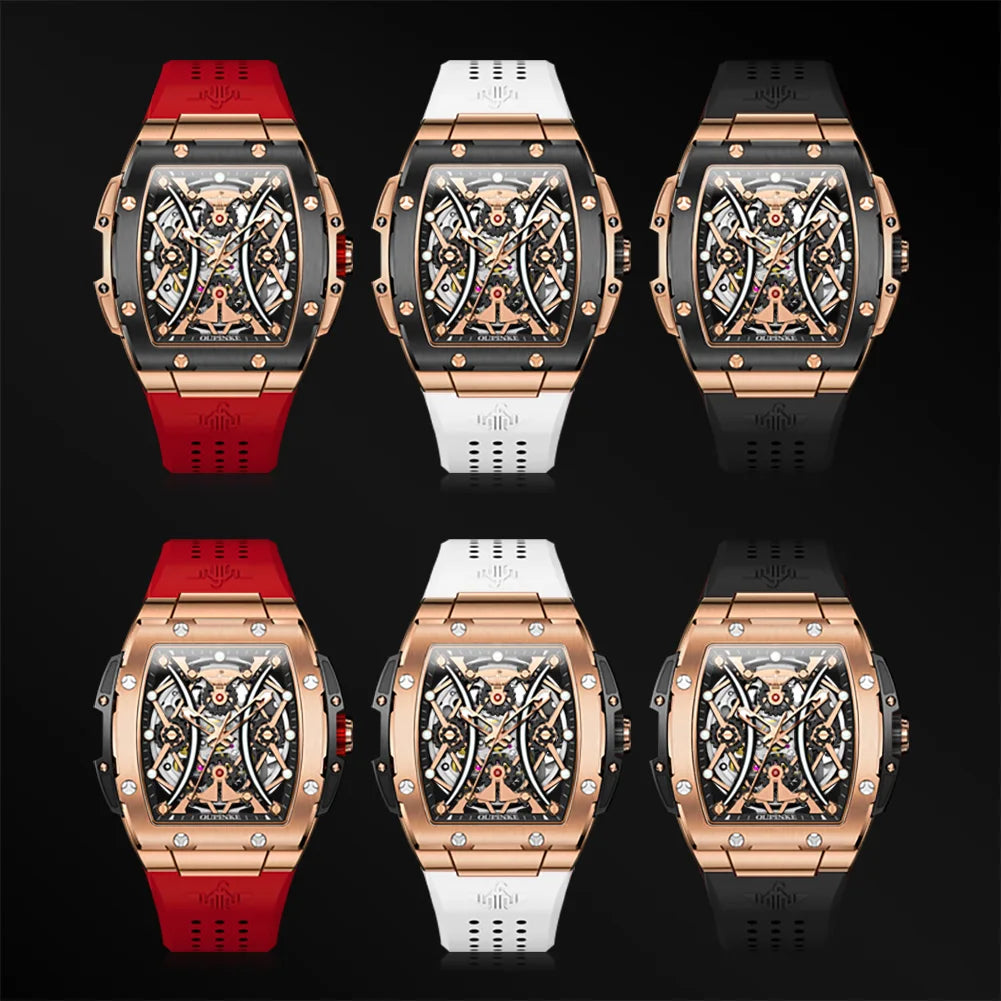 Relógio masculino OUPINKE clássico de luxo com mostrador tonneau, marca de topo, original, automático mecânico, bracelete em silicone e vidro de safira, novo