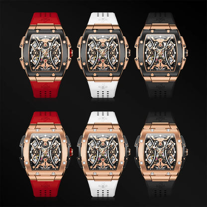 Relógio masculino OUPINKE clássico de luxo com mostrador tonneau, marca de topo, original, automático mecânico, bracelete em silicone e vidro de safira, novo