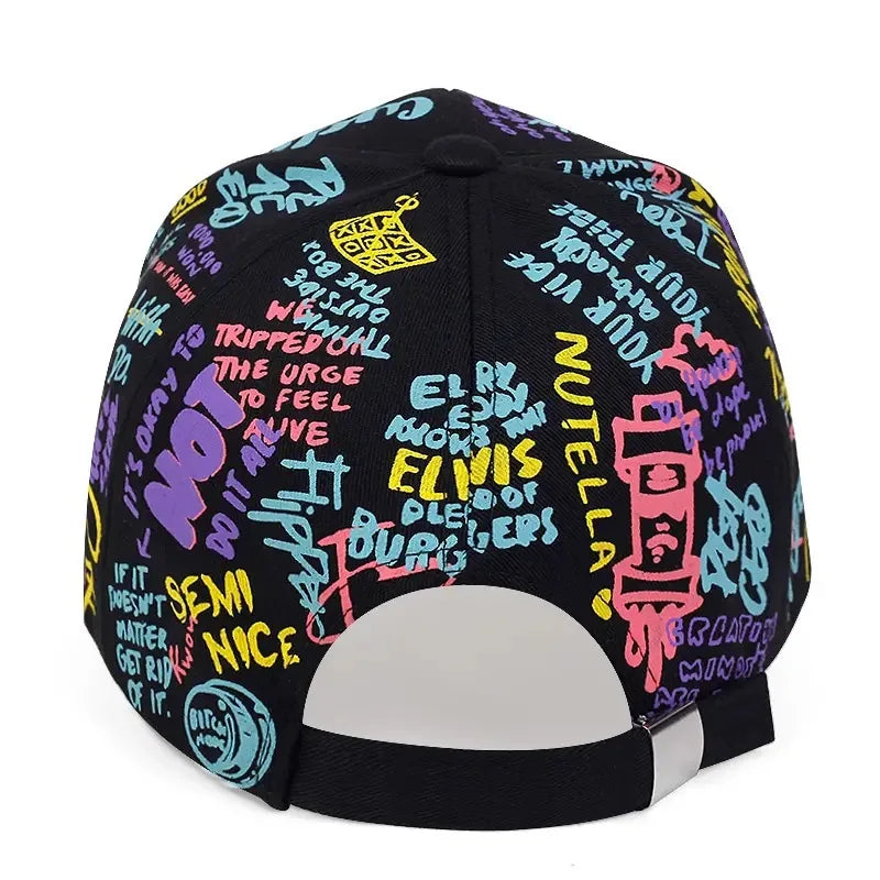 Farbenfrohe Hip-Hop-Baseballkappe mit Graffiti-Motiv, lässige Sonnenkappe mit Entenschnabel-Krempe und Aufdruck, individuell gestaltet für Männer und Frauen