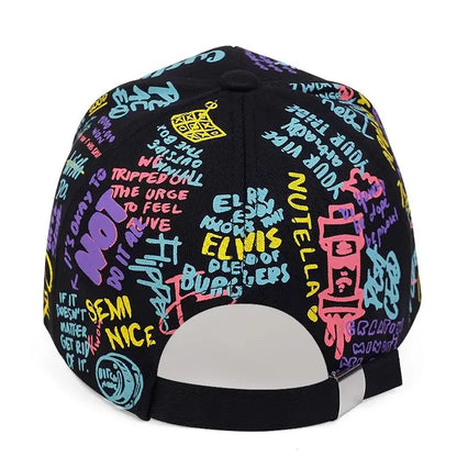 Farbenfrohe Hip-Hop-Baseballkappe mit Graffiti-Motiv, lässige Sonnenkappe mit Entenschnabel-Krempe und Aufdruck, individuell gestaltet für Männer und Frauen