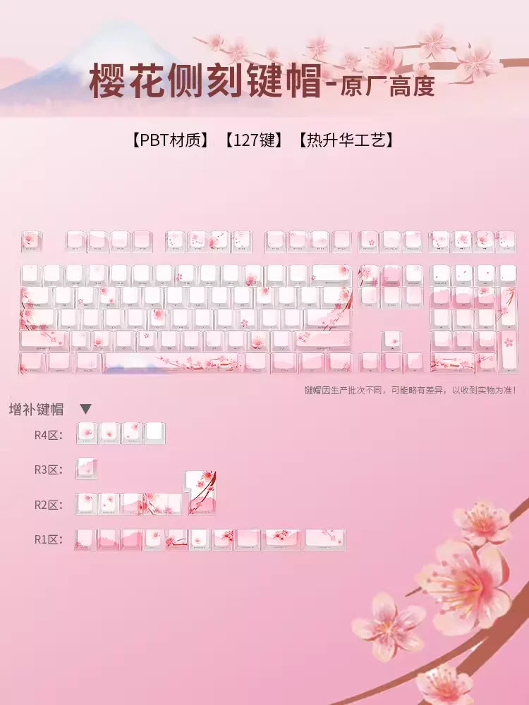 Conjunto de Keycaps Sakura Pink com Gravação Lateral em PBT Translúcido, 127 Teclas para Teclados Mecânicos MX Switch 60/84/90/104/108