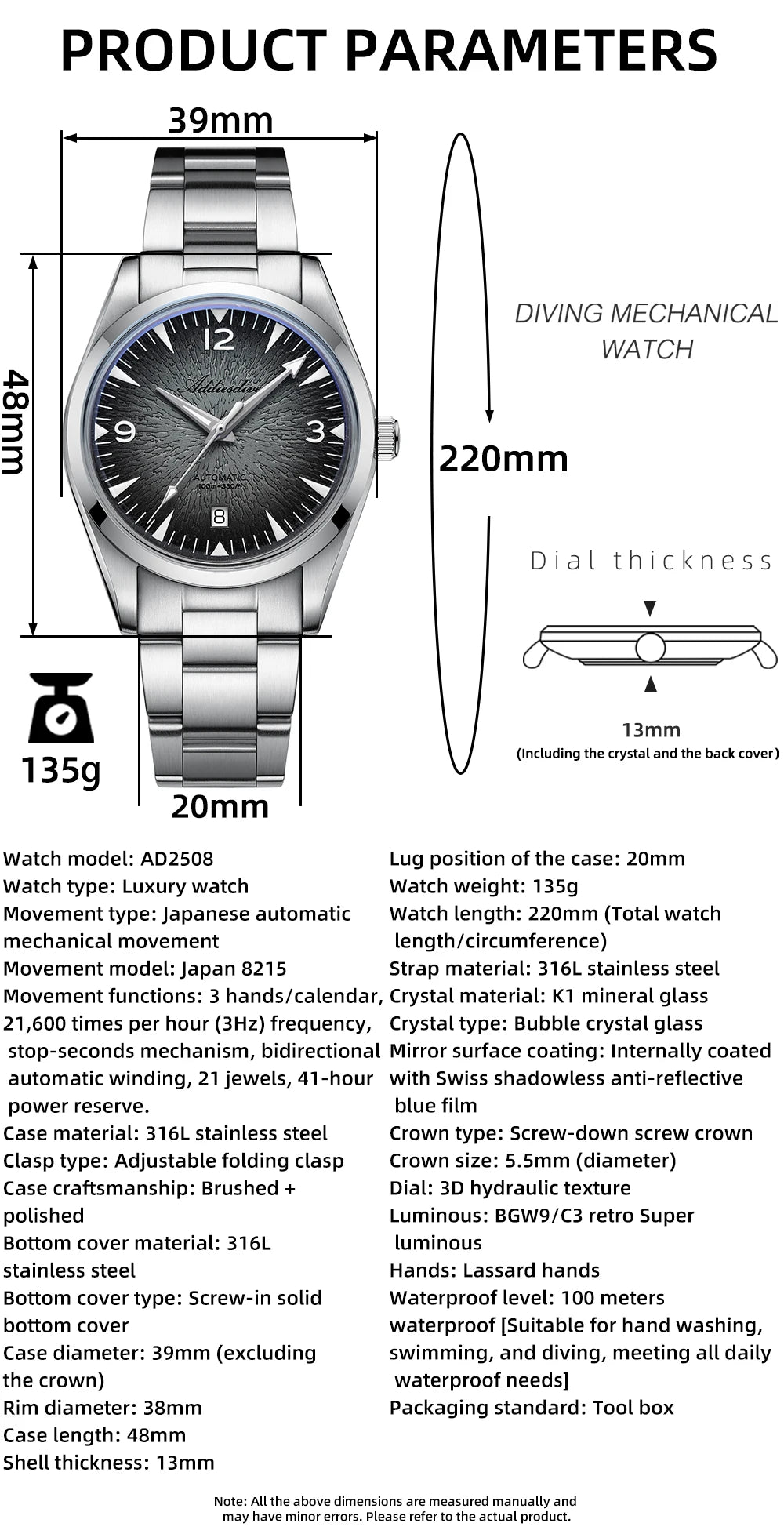 ADDIESDIVE AD2508 Herren-Taucheruhr, leuchtend, 100M wasserdicht, 316L-Edelstahl, 8215-Uhrwerk, automatische mechanische Uhr