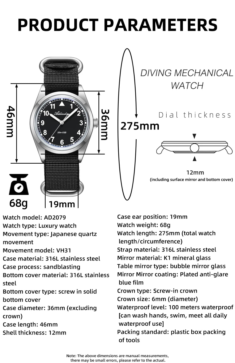 Orologio analogico da uomo ADDIESDIVE 36mm con vetro a specchio bombato, impermeabile 100m, luminoso, semplice, al quarzo, con cinturino in nylon