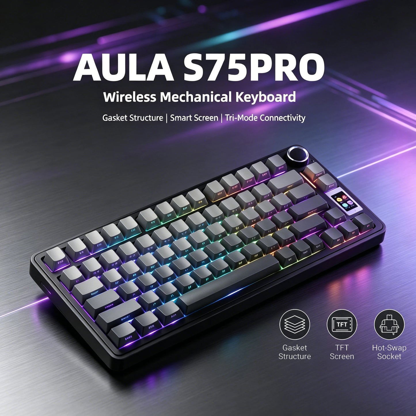 Teclado Mecânico AULA S75 PRO 75% Layout Personalizado Retroiluminação RGB Sem Fios Bluetooth Gaming com Ecrã e Botão Rotativo
