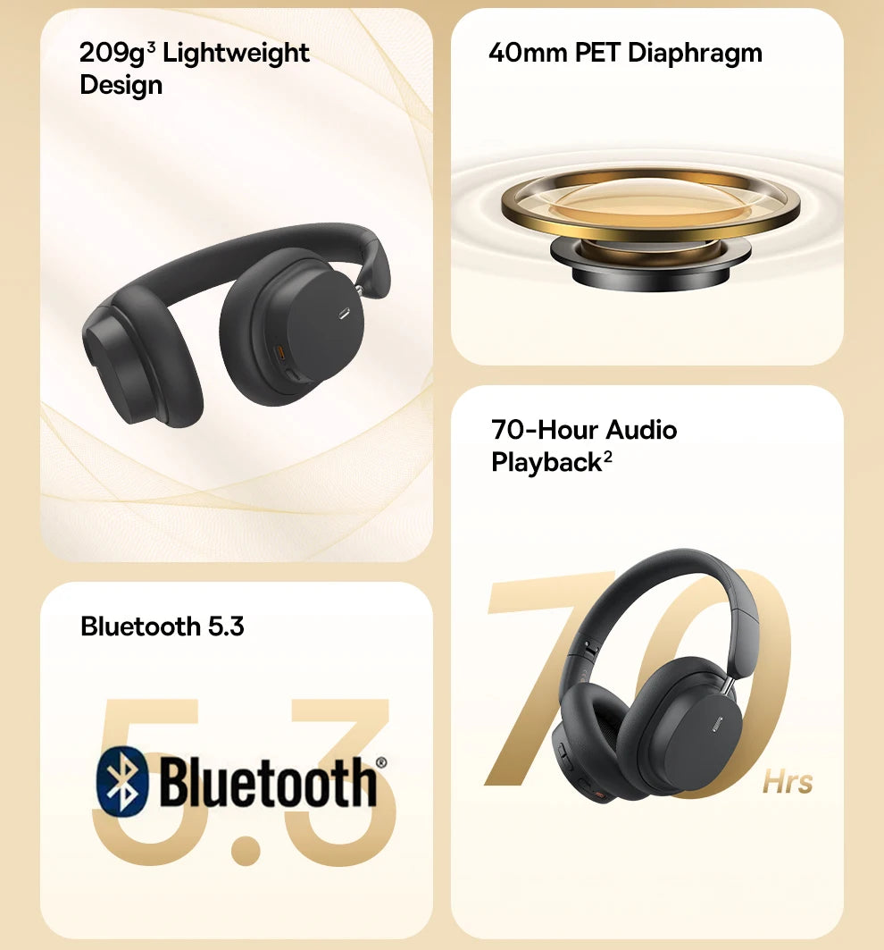 Cuffie over-ear wireless Bluetooth 5.3 Baseus – Driver HiFi da 40mm, autonomia di 70H, headset pieghevole con audio spaziale