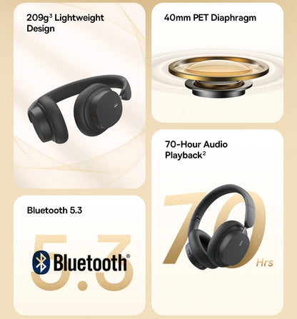 Cuffie over-ear wireless Bluetooth 5.3 Baseus – Driver HiFi da 40mm, autonomia di 70H, headset pieghevole con audio spaziale