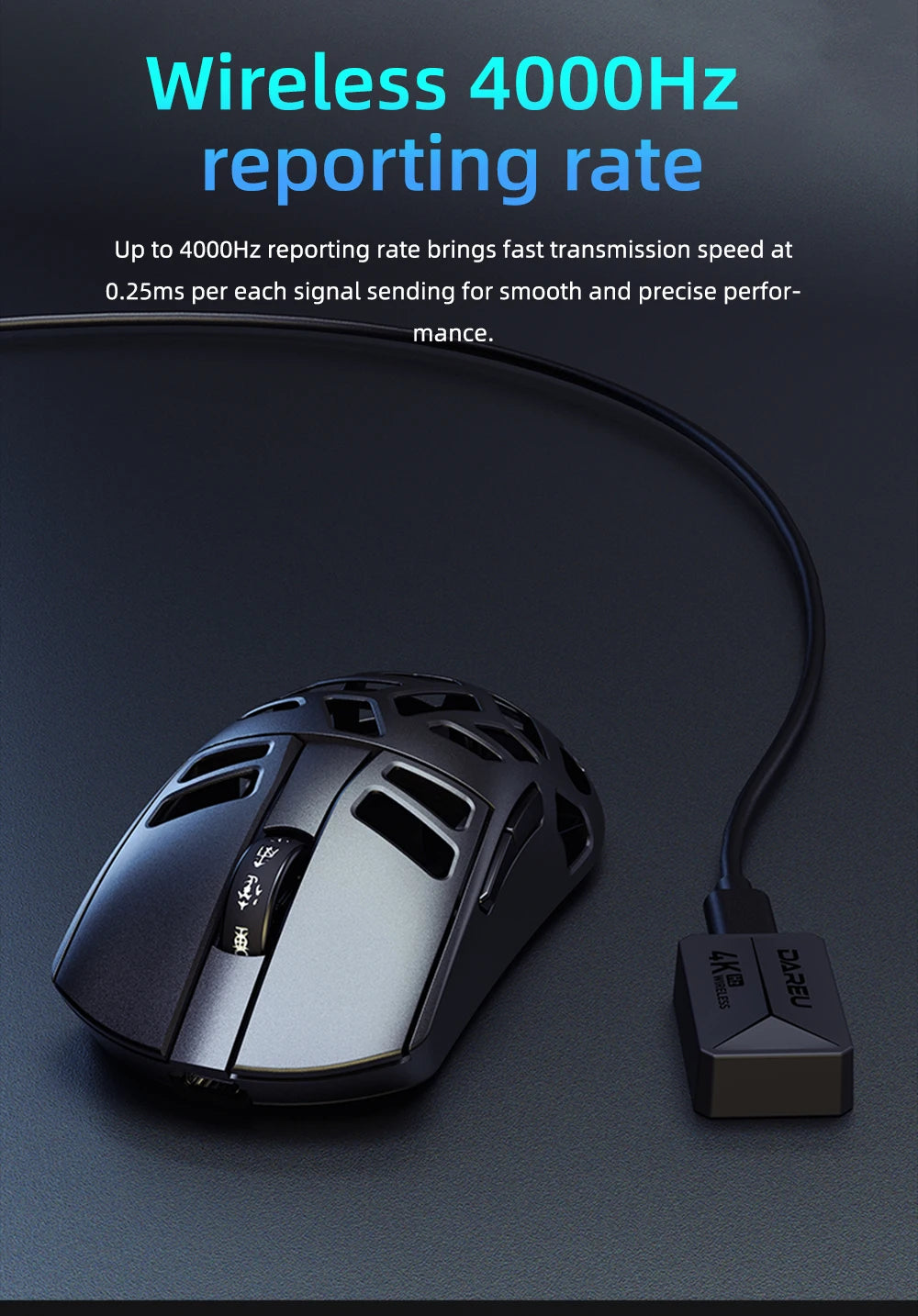 Rato Gaming Sem Fios DAREU Al-mg Tri-mode 8Khz PBT Quick Charge PAW3950 30000 DPI Leve para PC Gamer
