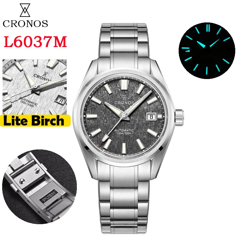 Cronos Men's Watch 39mm Automatic Wristwatch White Dial Solid Links Sapphire 10 ATM L6037M