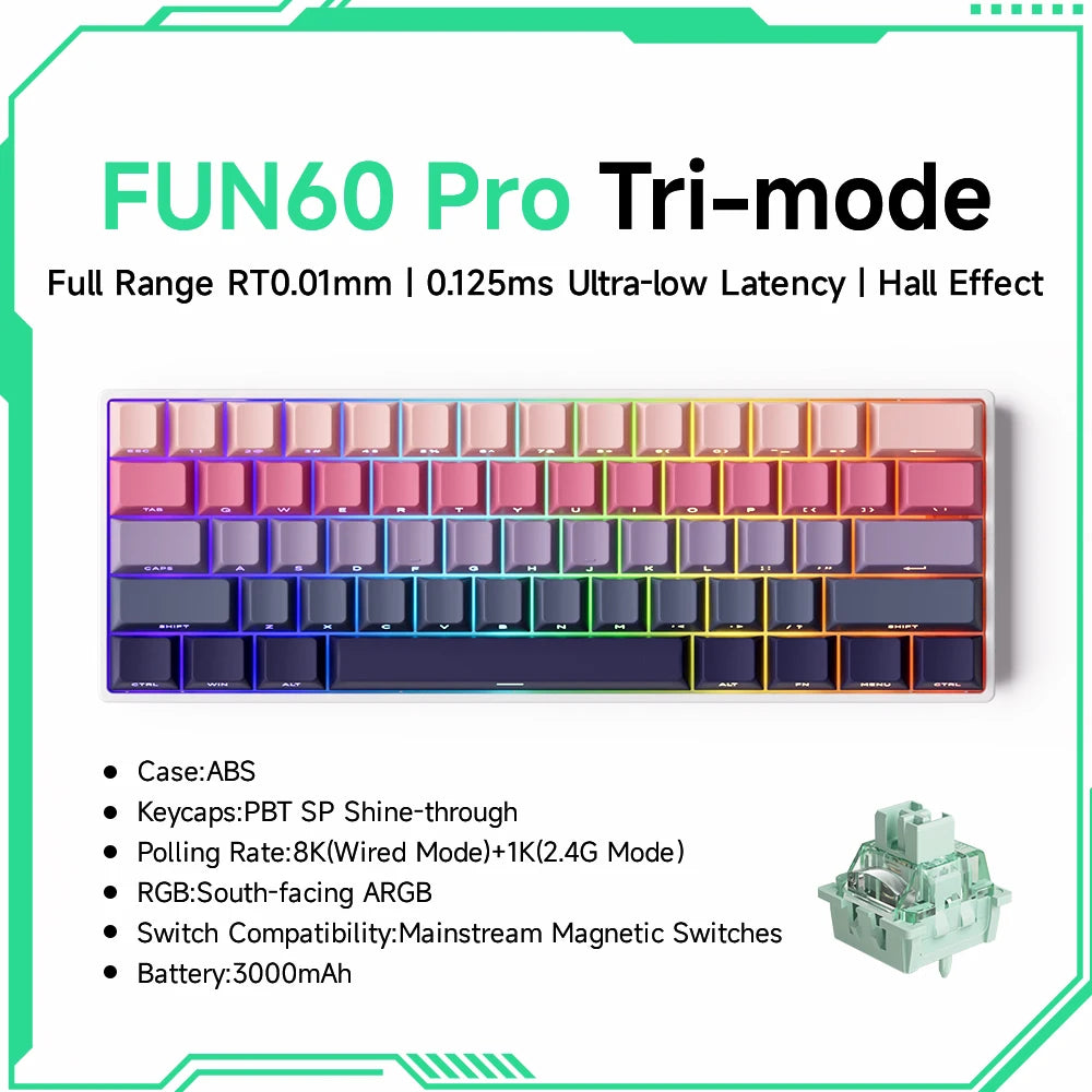 Teclado Mecânico Akko MonsGeek FUN60 com Switch Magnético, 60%, Teclado Gaming, Rapid Trigger 0.01mm, 8K, ARGB, HE/TMR, Teclado Personalizado