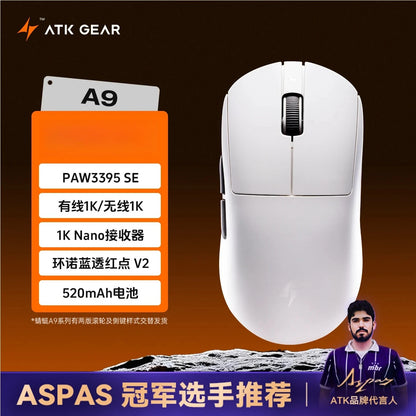 Rato Gaming Bluetooth Sem Fios ATK Dragonfly A9, Design Ergonómico, Resposta Rápida, PAW3950 Ultra, 800mAh, Leve, 8KHz, eSports