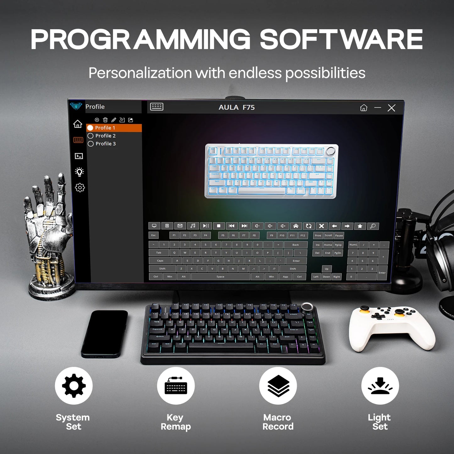 Teclado mecânico EPOMAKER x AULA F75 com fio, 75%, layout ANSI US, gasket, hot-swap, para Mac/WIN/Android, com botão rotativo