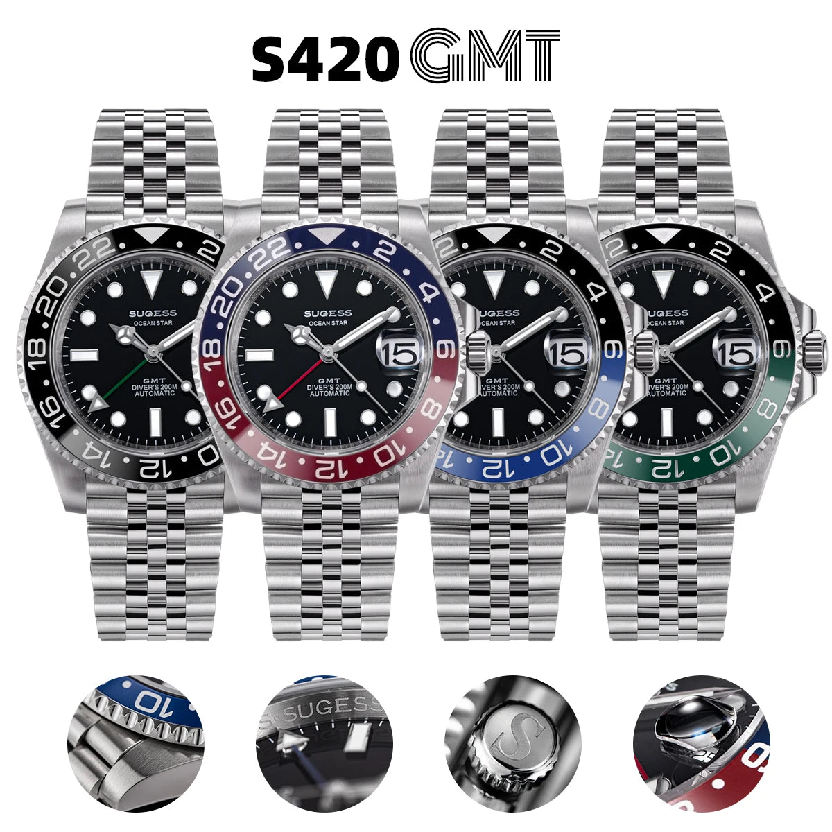 Sugess GMT Diving Watch of Men Automatic Mechanical Waterproof Wristwatches Peacock SL3032 Movement Ceramic Bezel Jubille Band