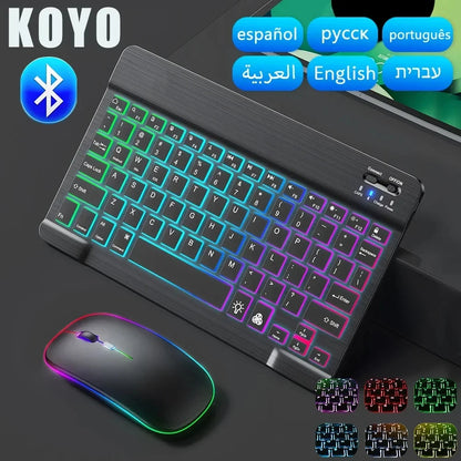 Mini teclado Bluetooth RGB retroiluminado de 10 polegadas com rato sem fios recarregável para espanhol, russo, hebraico, coreano, francês, árabe e português de Portugal