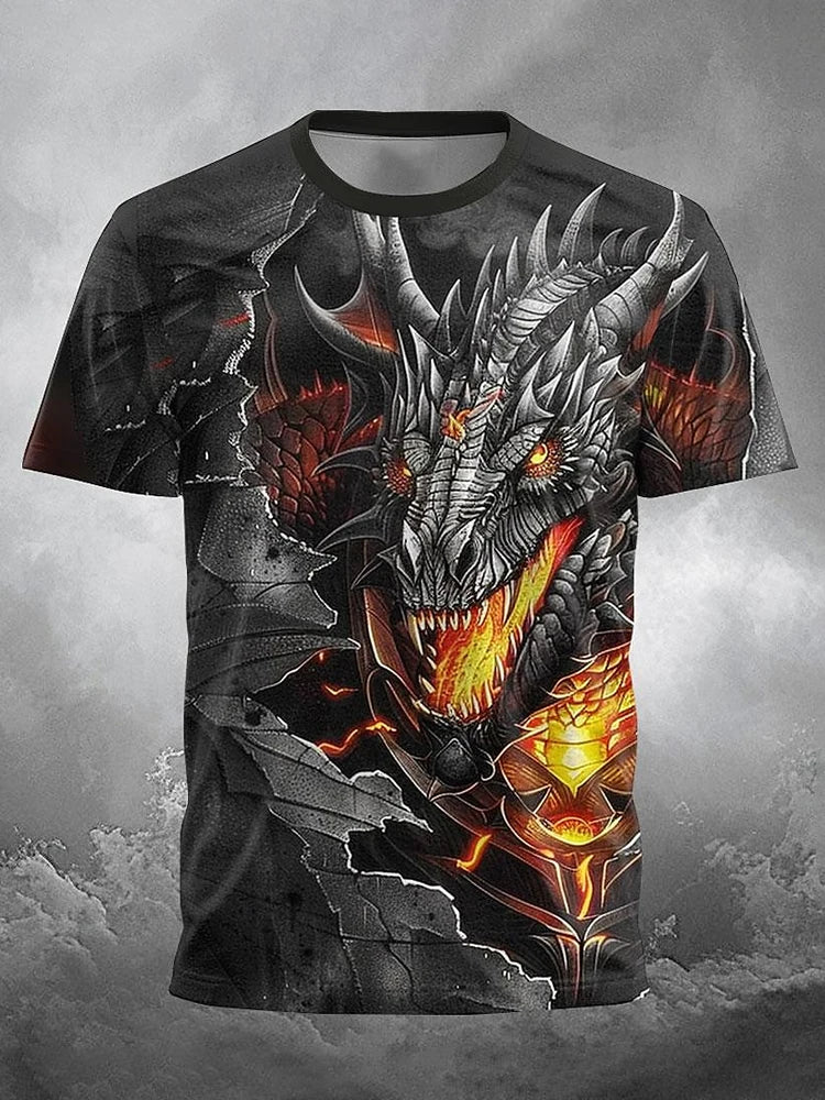 2024 zomer streetstyle heren-T-shirt, urban everyday casual top met korte mouwen, 3D-drakenprint, outdoor heren-T-shirt