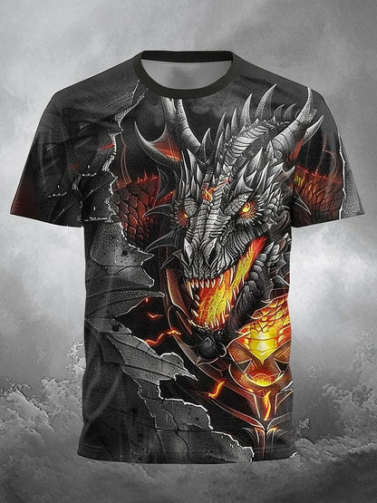 2024 zomer streetstyle heren-T-shirt, urban everyday casual top met korte mouwen, 3D-drakenprint, outdoor heren-T-shirt