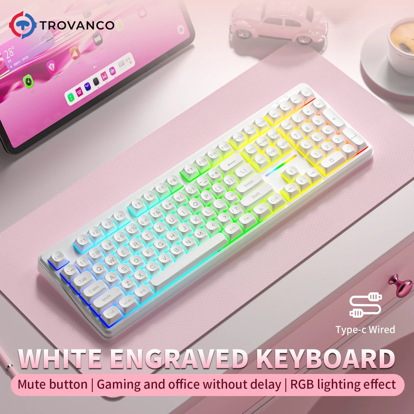 V108 Pro Bluetooth Keyboard Office Low Noise 2.4G Wired & Wireless Full Layout with RGB Backlit Membrane
