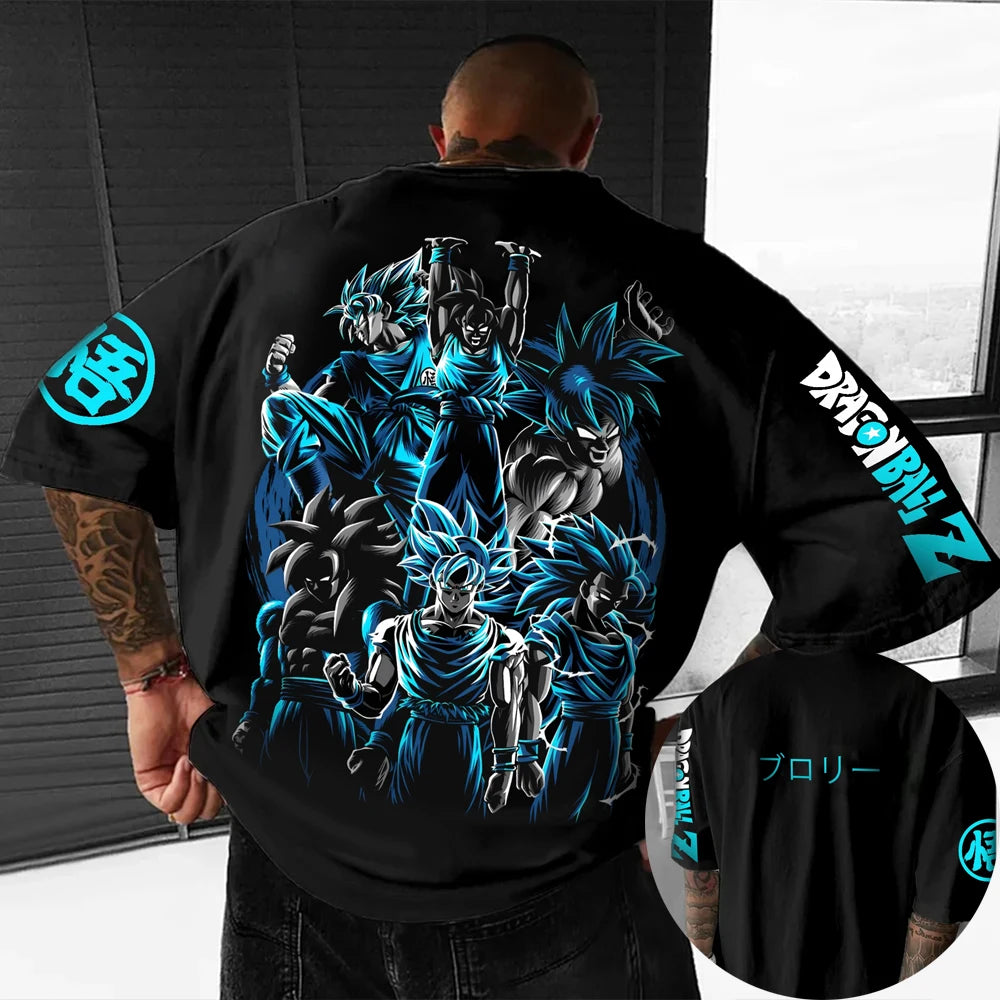T-shirt oversized infantil Dragon Ball Z Son Goku Todas as Formas Broly Aura Azul Estampado de Grupo, streetwear anime para homem, T-shirt anime para fãs