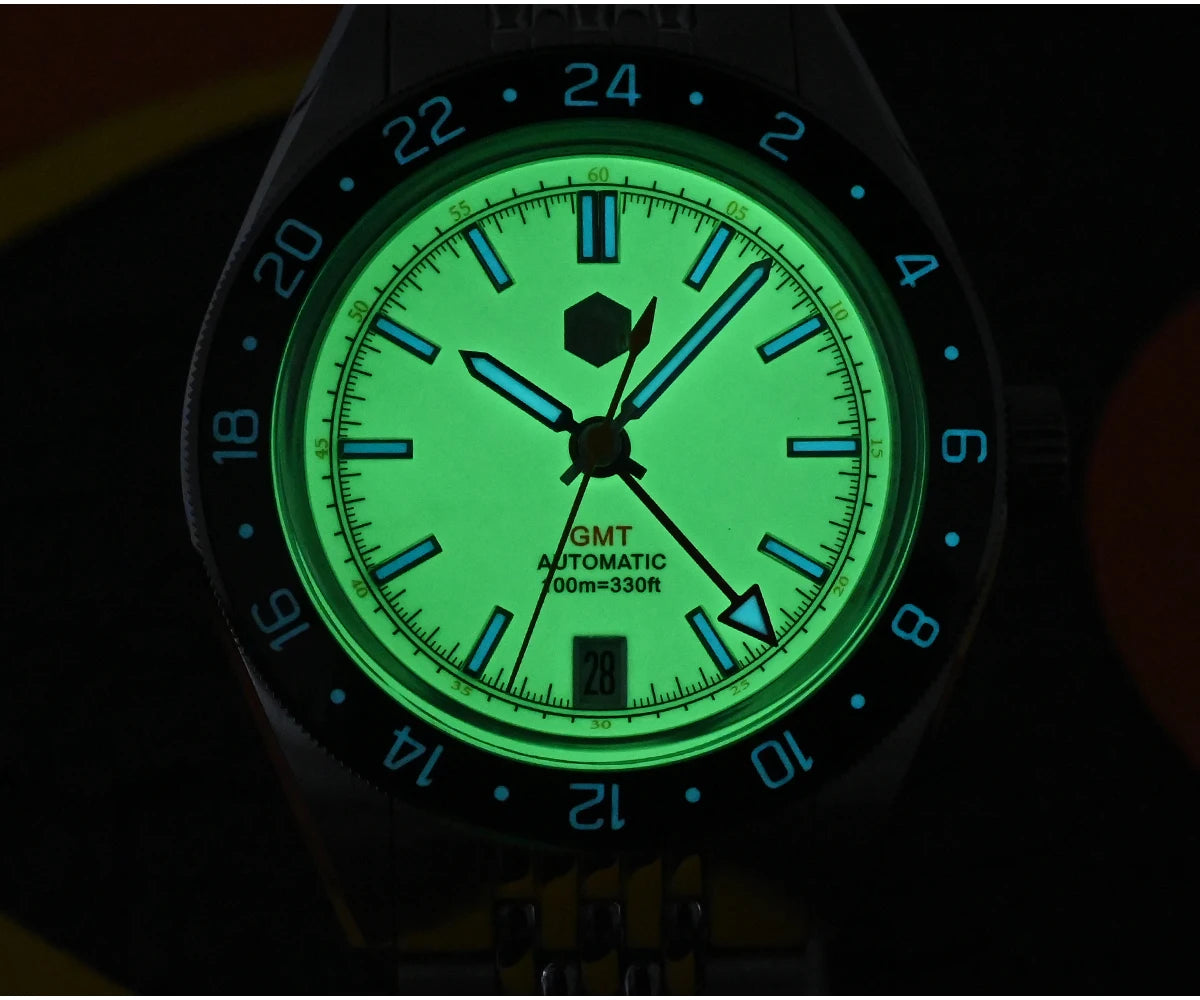 Orologio da uomo automatico San Martin 39.5mm Limited Edition con quadrante Full Lume, NH34 GMT, data a ore 6, 10Bar, Kol Saati di lusso SN0116W