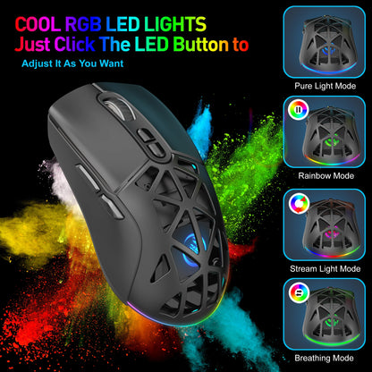 HXSJ T26 kétmódú gaming egér, 2.4G+BT5.1 vezeték nélküli gamer egér laptophoz, 4800DPI állítható, ergonomikus optikai számítógépes gamer egér