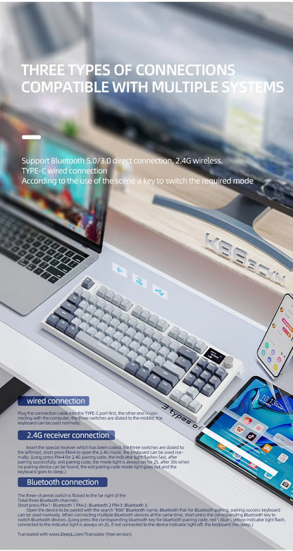 Teclado mecânico ATTACK SHARK K86 com botão metálico, ecrã TFT inteligente a cores, layout de 87 teclas, iluminação RGB e ligação trimodo