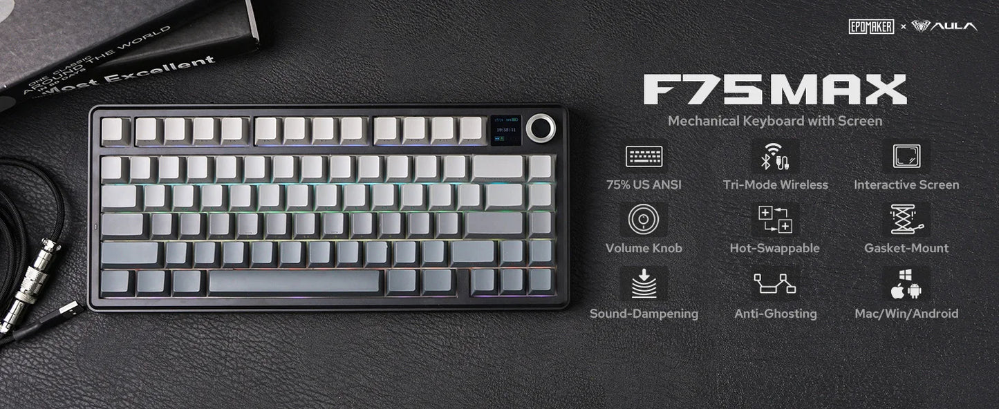 Teclado mecânico sem fios EPOMAKER X AULA F75 MAX Compact 75% ANSI Layout com ligação com fios/Bluetooth/2.4GHz, ecrã TFT e botão rotativo