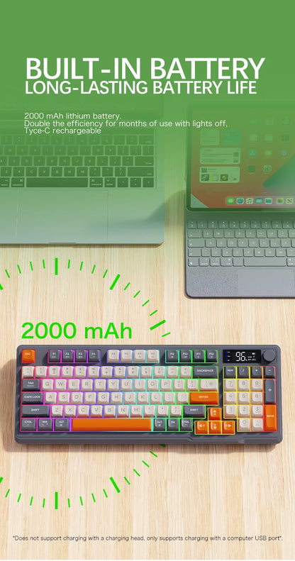 Teclado Sem Fios Bluetooth M96 FREEWOLF com Ecrã Digital, Retroiluminação RGB, Bateria de 2000mAh e Teclas PBT para PC/Portátil