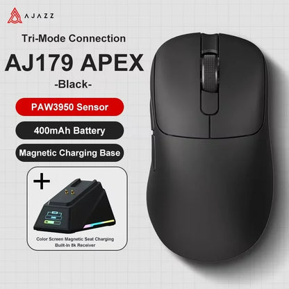 Ratón gaming inalámbrico Ajazz AJ179 APEX con base con pantalla a color, Bluetooth, PAW3395, batería de 400mAh, frecuencia de actualización de 8000Hz