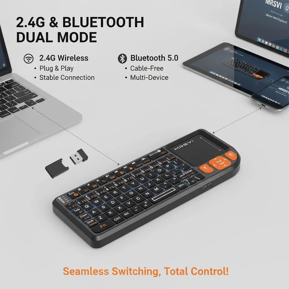 MRSVI Mini Keyboard A8 PLUS, Backlit 2.4GHz & Bluetooth 5.0 Wireless Keyboard with Touchpad for Android TV Box, Mac, Laptop, Windows